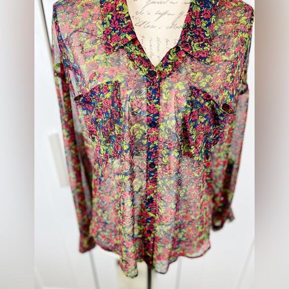 Free People Sheer Floral Collared Button Down Blouse - Picture 5 of 8